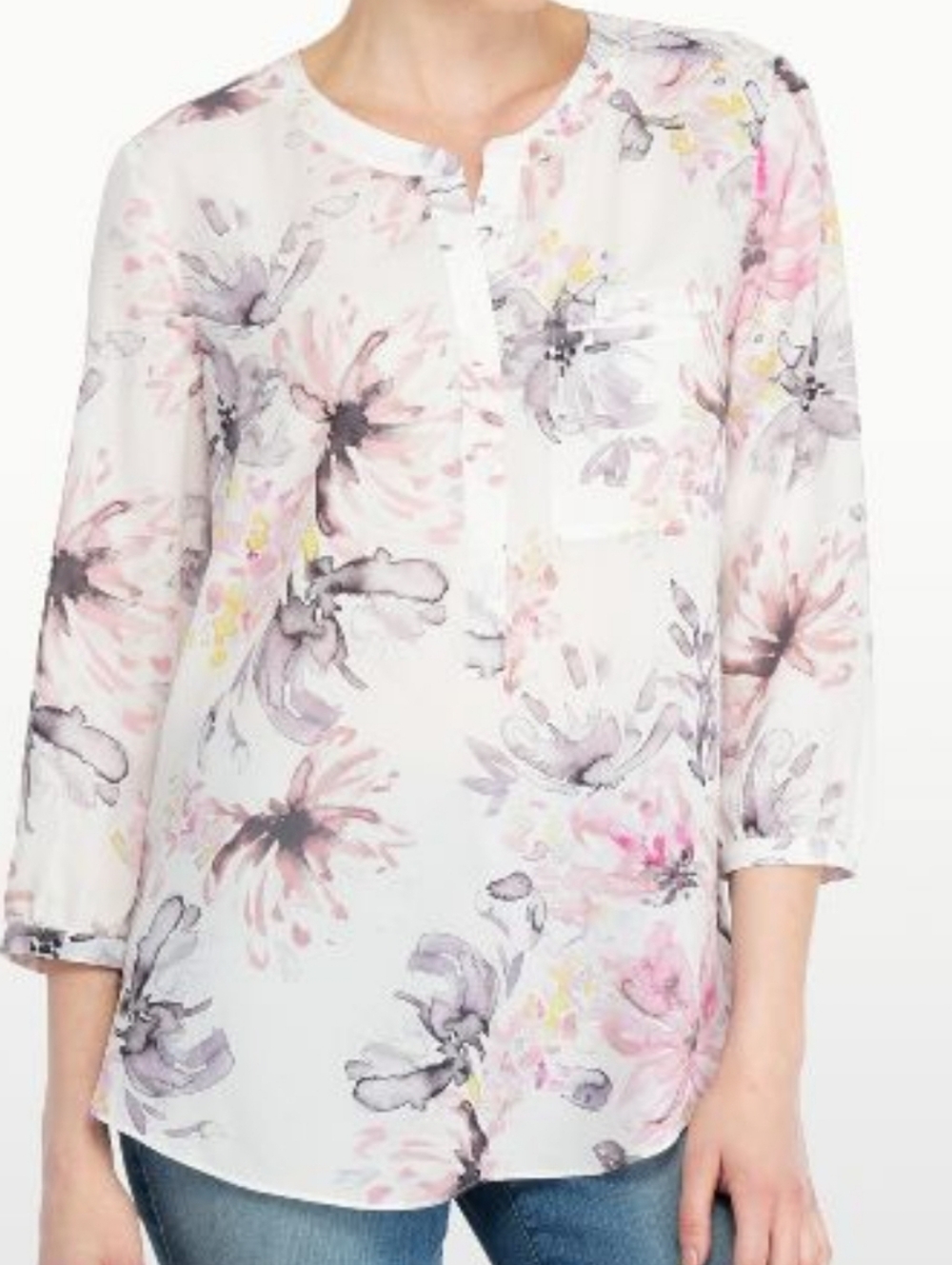 NYDJ Women's Floral Split-Neck Blouse - Pink & Gray Size Small